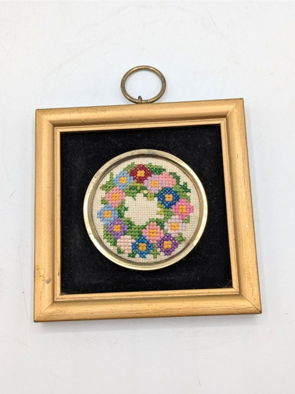 Miniature Petit Point Needlepoint Floral Wreath Hanging Gold Wooden Frame 4.25"